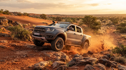 Ford Ranger Raptor jumping red sand dunes in Upington South Africa